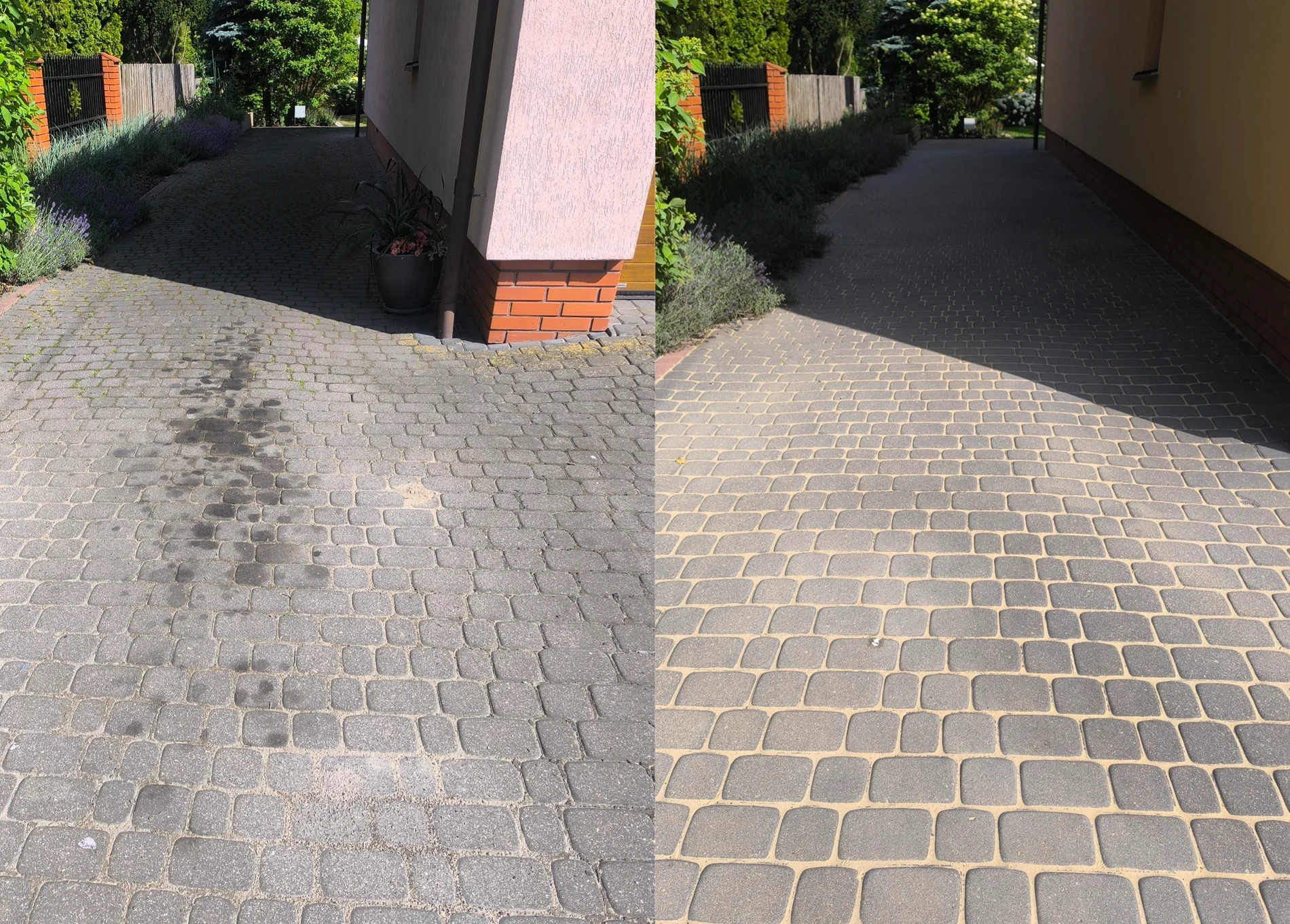 Plamy olejowe na kostce brukowej przed i po czyszczeniu