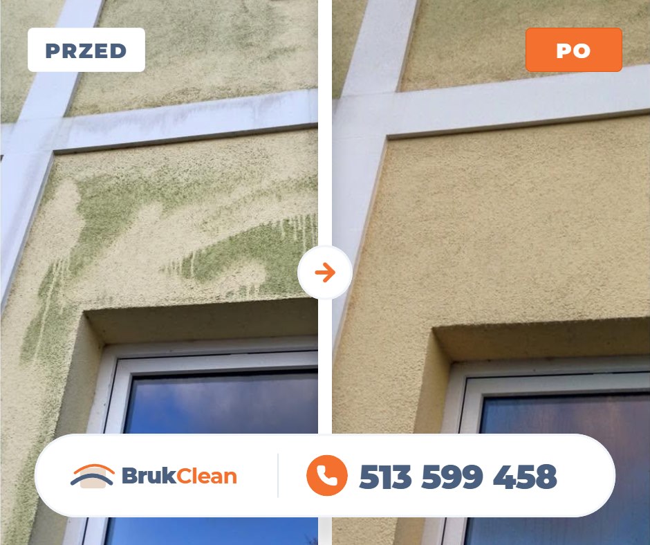 Elewacja z zielonym nalotem przy oknie przed i po czyszczeniu