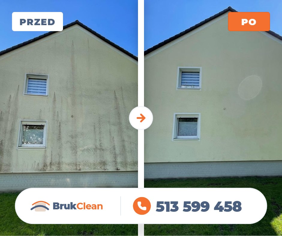 Cała ściana budynku przed i po profesjonalnym myciu