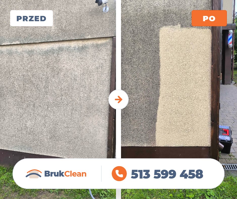Mocno zabrudzona elewacja przed i po próbnym czyszczeniu