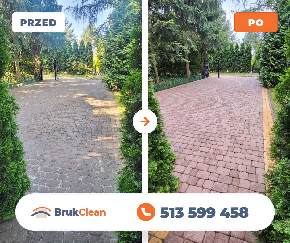 Czerwona kostka brukowa z mchem w spoinach przed i po myciu