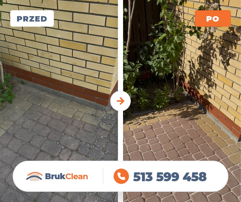 Duży podjazd otoczony zielenią przed i po czyszczeniu