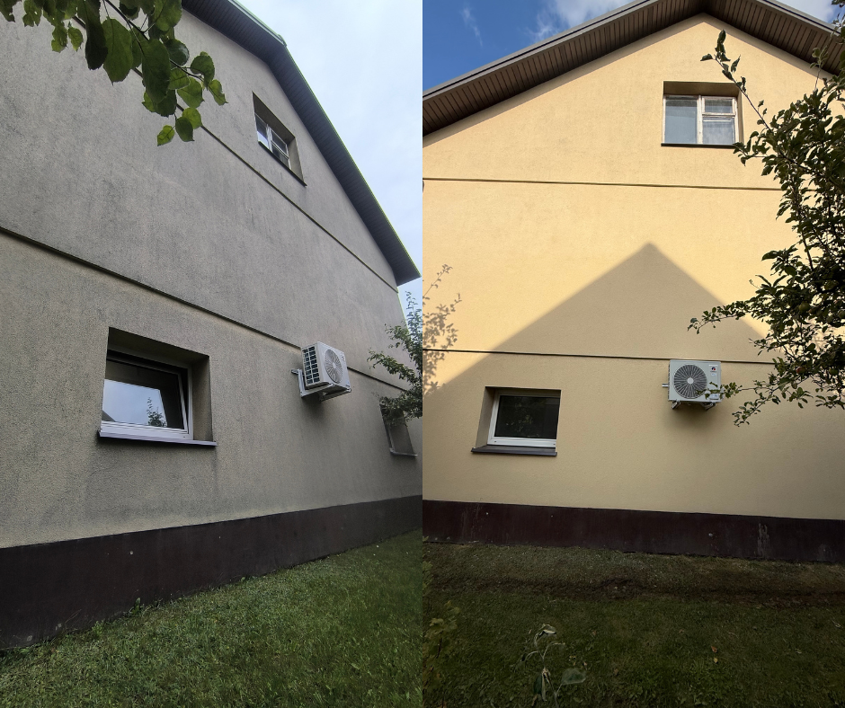Zabrudzona elewacja domu przed i po czyszczeniu