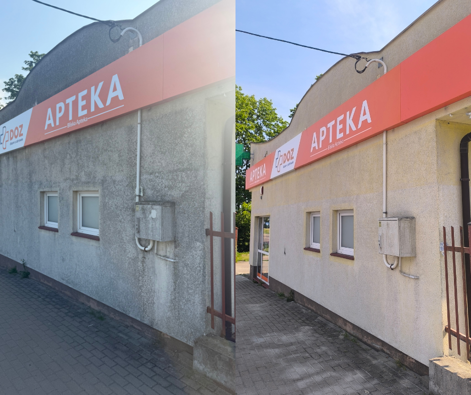 Elewacja budynku usługowego przed i po profesjonalnym myciu