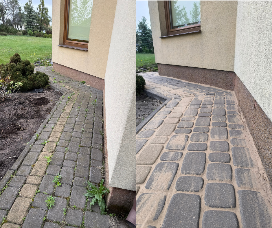 Opaska z kostki przy elewacji przed i po czyszczeniu