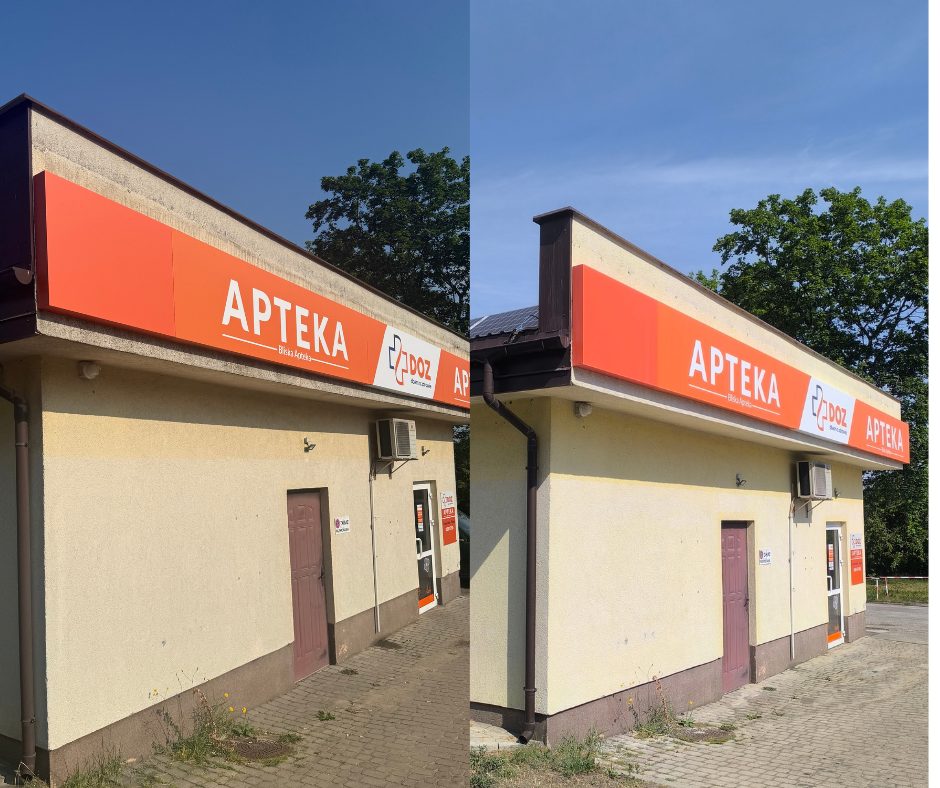 Budynek apteki przed i po czyszczeniu elewacji